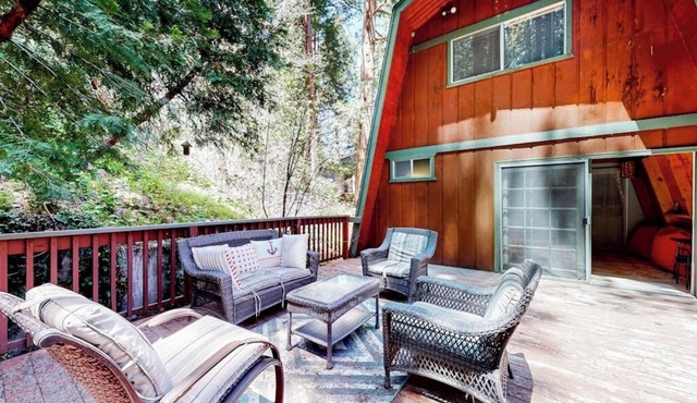 Dog-friendly 2-story home with large deck, tree views, fireplace, & W/D
